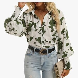 Prettywear Green and White Floral Print Blouse with Poet Sleeves NWT